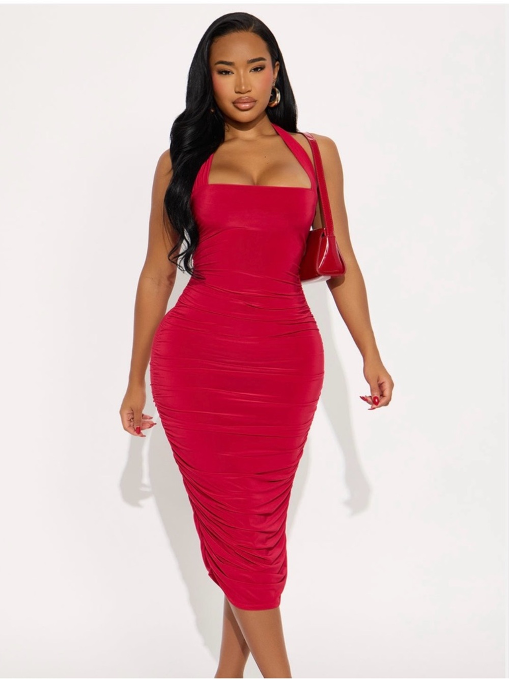 Fashion Nova Red Ruched Square-Neck Midi Dress